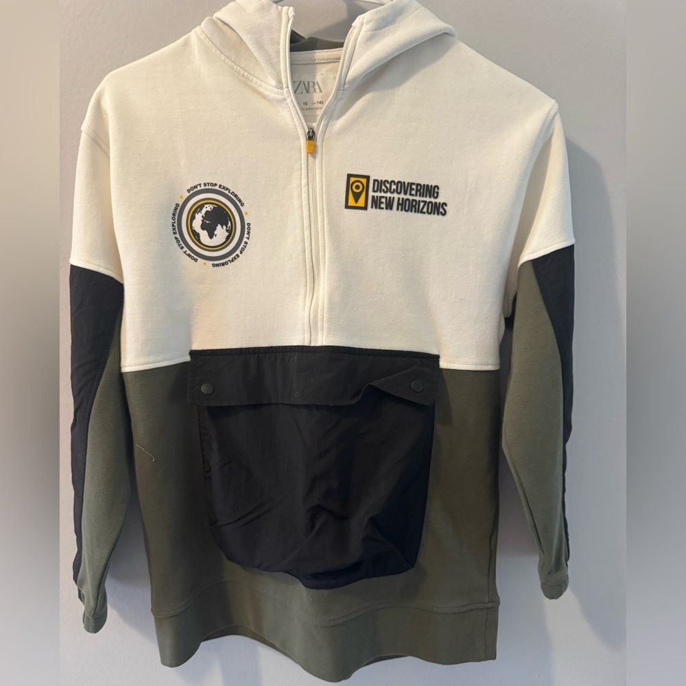 Zara White, Black & Yellow Colorblock Zip Hoodie